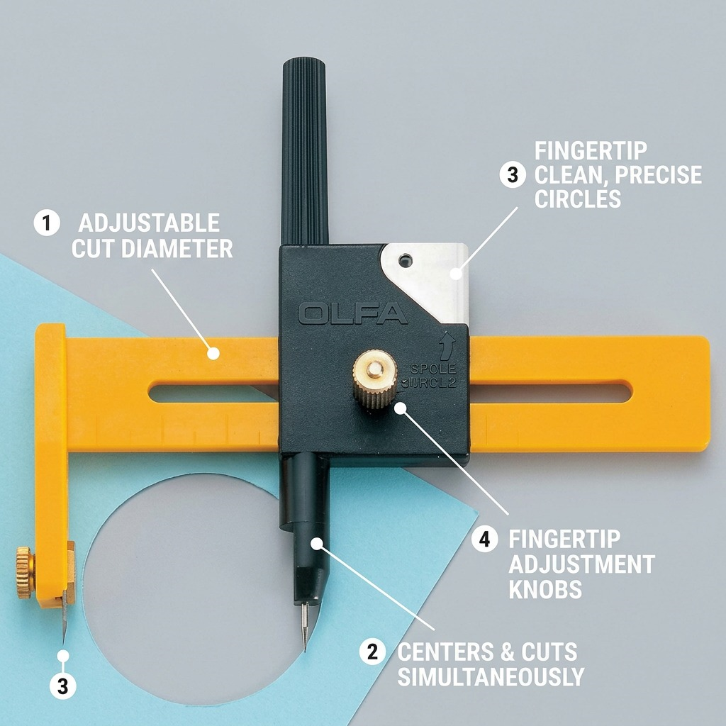 An infographic callout image of the Olfa CMP-1 Compass Circle Cutter detailing key features like adjustable diameters, simultaneous centering/cutting, brass adjustment knobs and precise single-step cuts.
