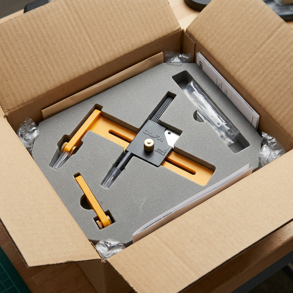 High-resolution photograph of the Olfa CMP-1 compass cutter (image_0.png) from a high angle, partially in a thick form-fitting foam insert within a clean, corrugated cardboard shipping box. Next to it are a folded paper manual and a small, heat-sealed clear plastic bag containing a couple of generic spare blades and the pivot pin. Standard air cushions are tucked around the edges. Clean, neutral studio environment. Scale is accurate. Focus is sharp on the product. No labels are visible.
