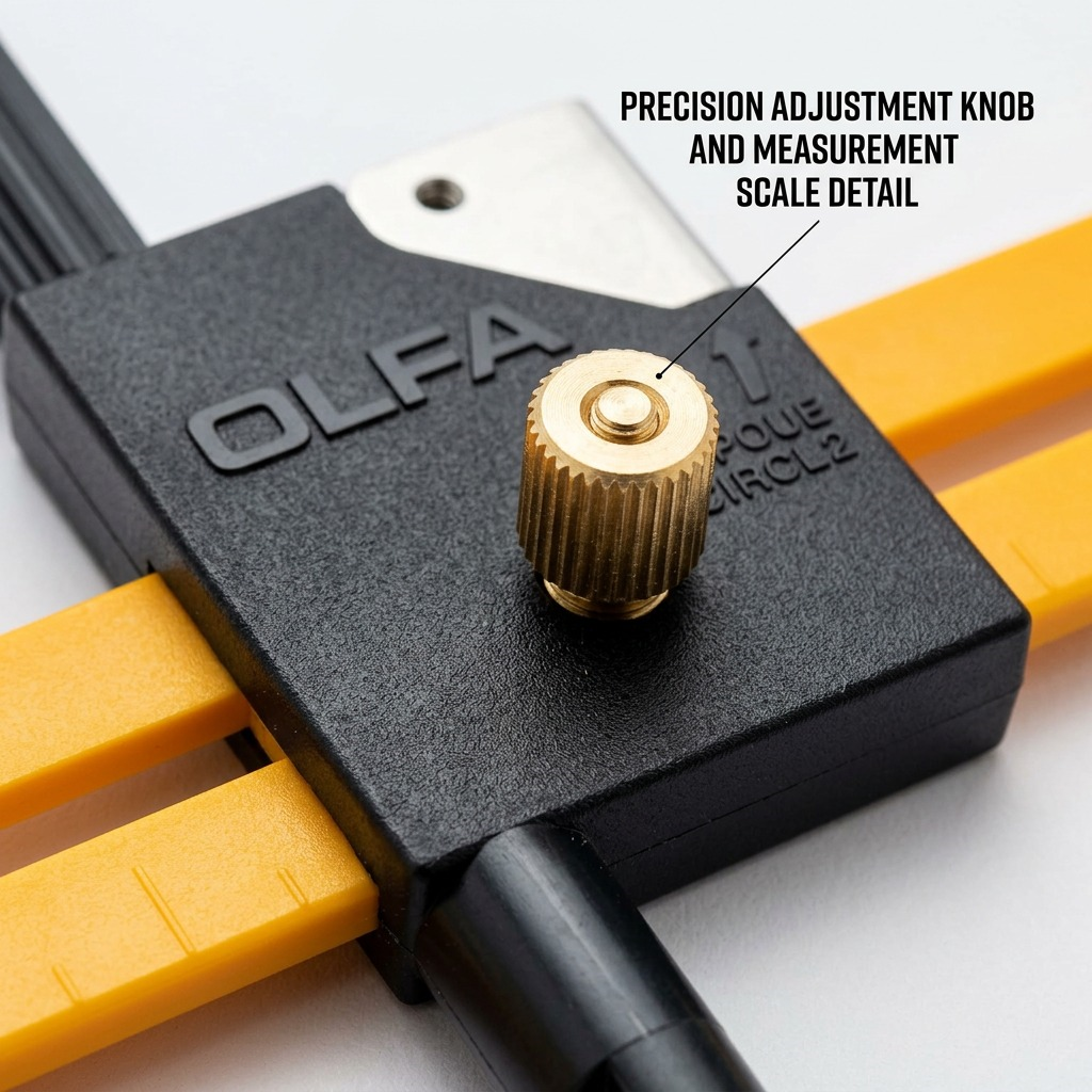 Macro shot highlighting the brass knob and measurement scale on the OLFA CMP-1 cutter.