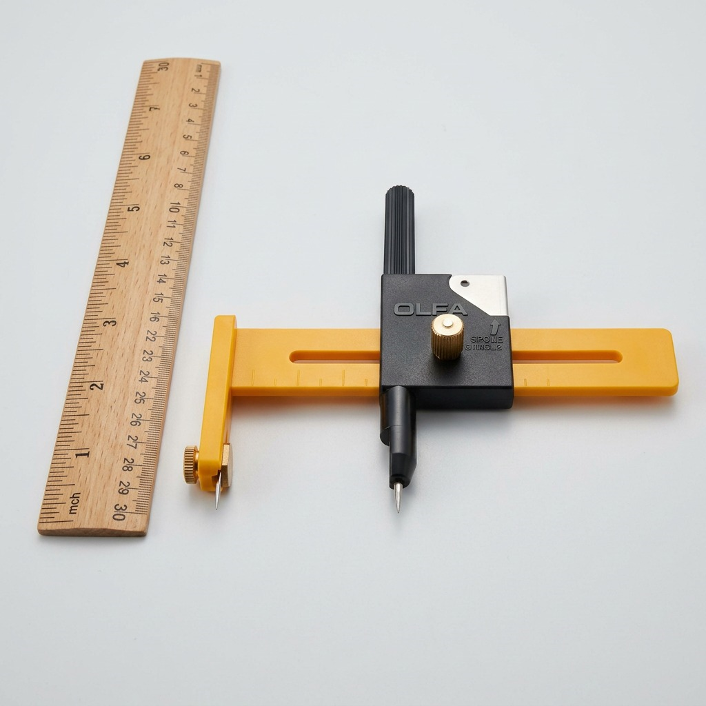 A close-up view of an Olfa CMP-1 compass cutter next to a wooden 30cm ruler, on a work surface.