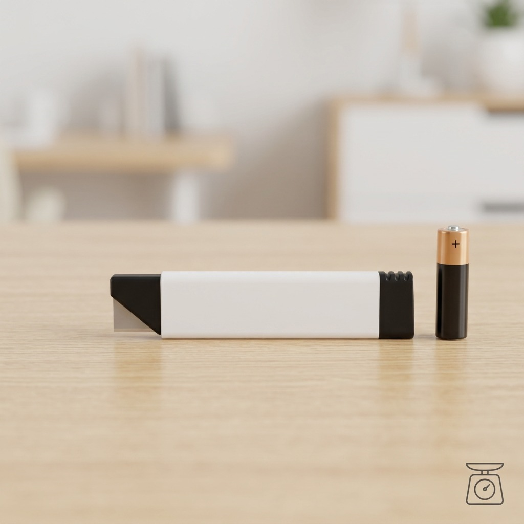 A scale reference image comparing the Olfa carton cutter from image_0.png with a standard AA battery.