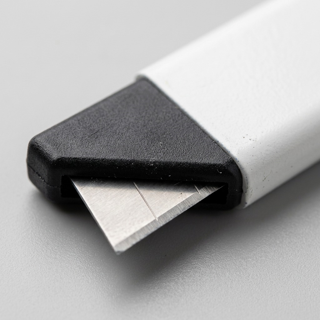 A macro photo of the Olfa CTN-1 carton cutter blade slot, emphasizing the sharp stainless steel edge.