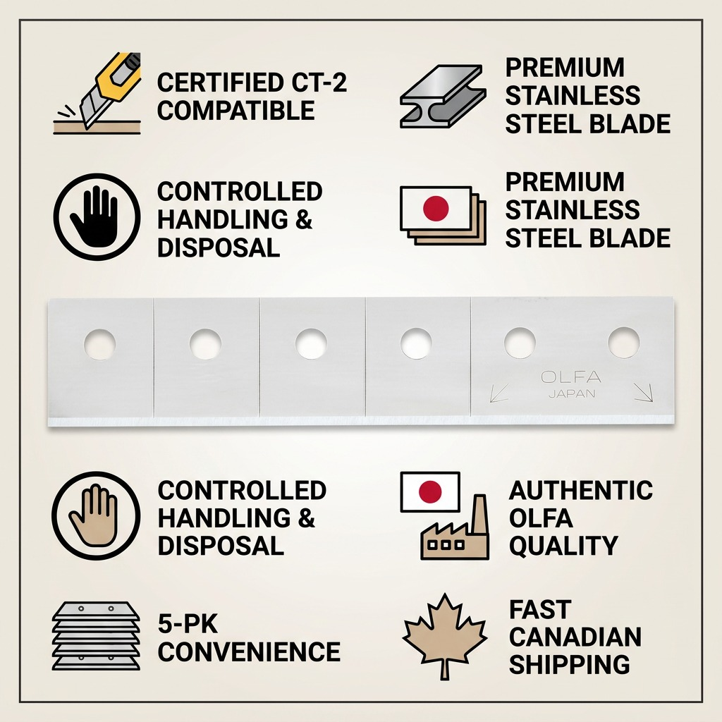 Olfa CTB blade 5pk infographic detailing compatibility, quality, and quick shipping.