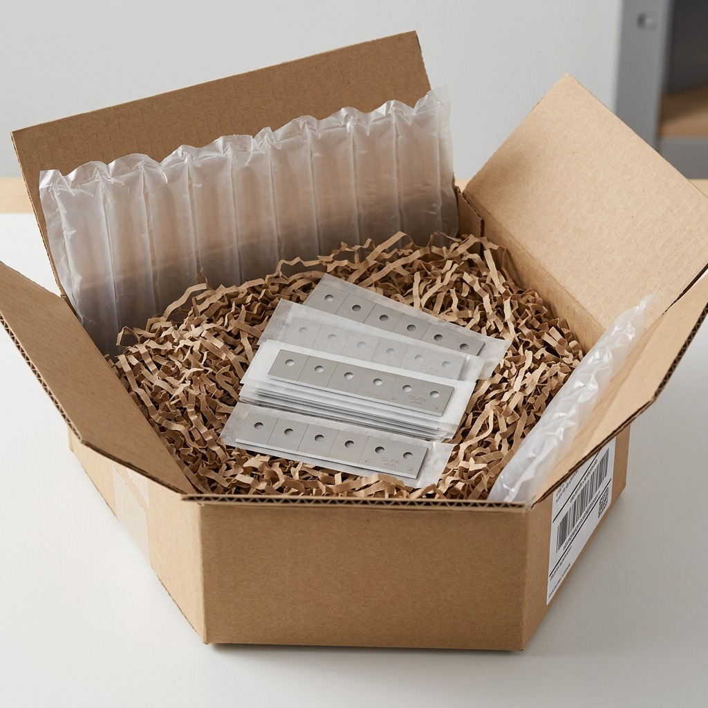 A well-packaged box opens to reveal the Olfa snap blades securely nestled and protected.