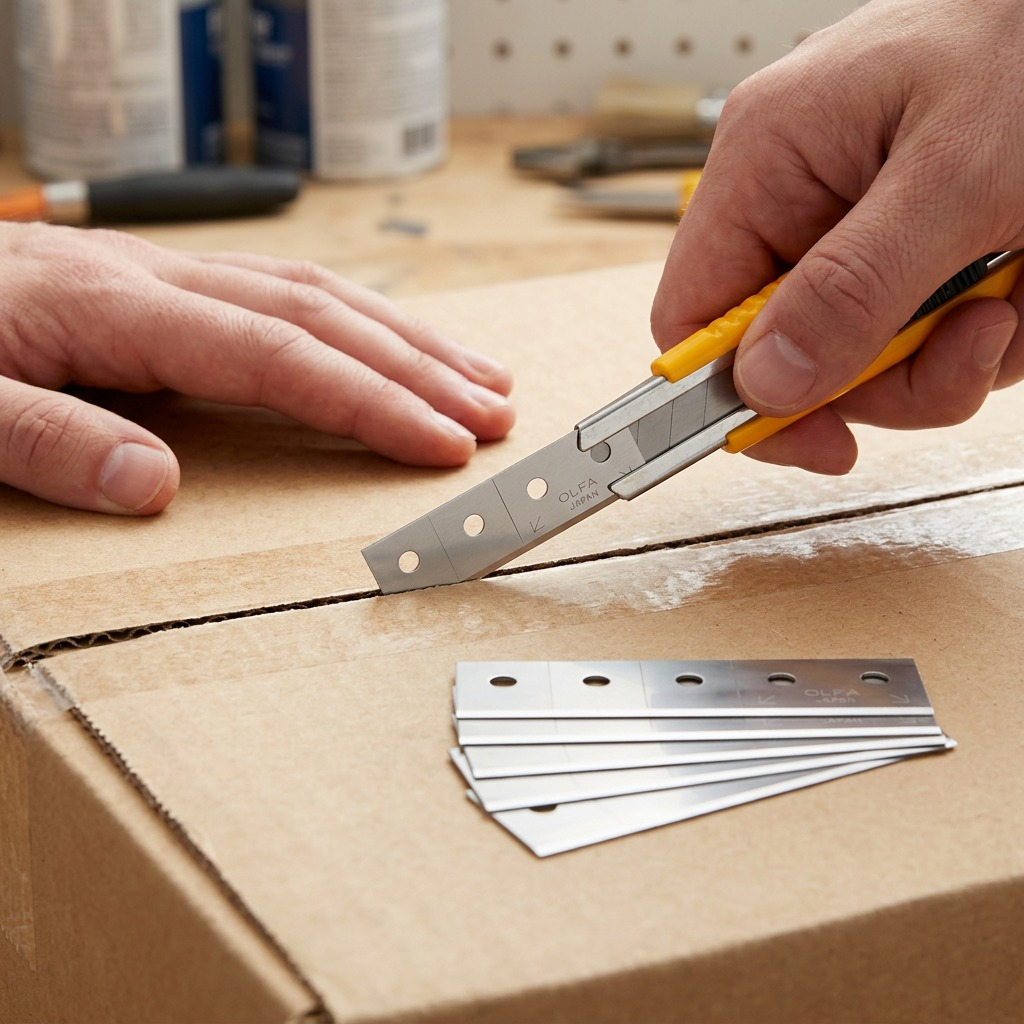Action close-up of a hand using an Olfa carton cutter with one CTB-5 blade to slice through a cardboard box, next to a 5-pack stack on a workshop table.