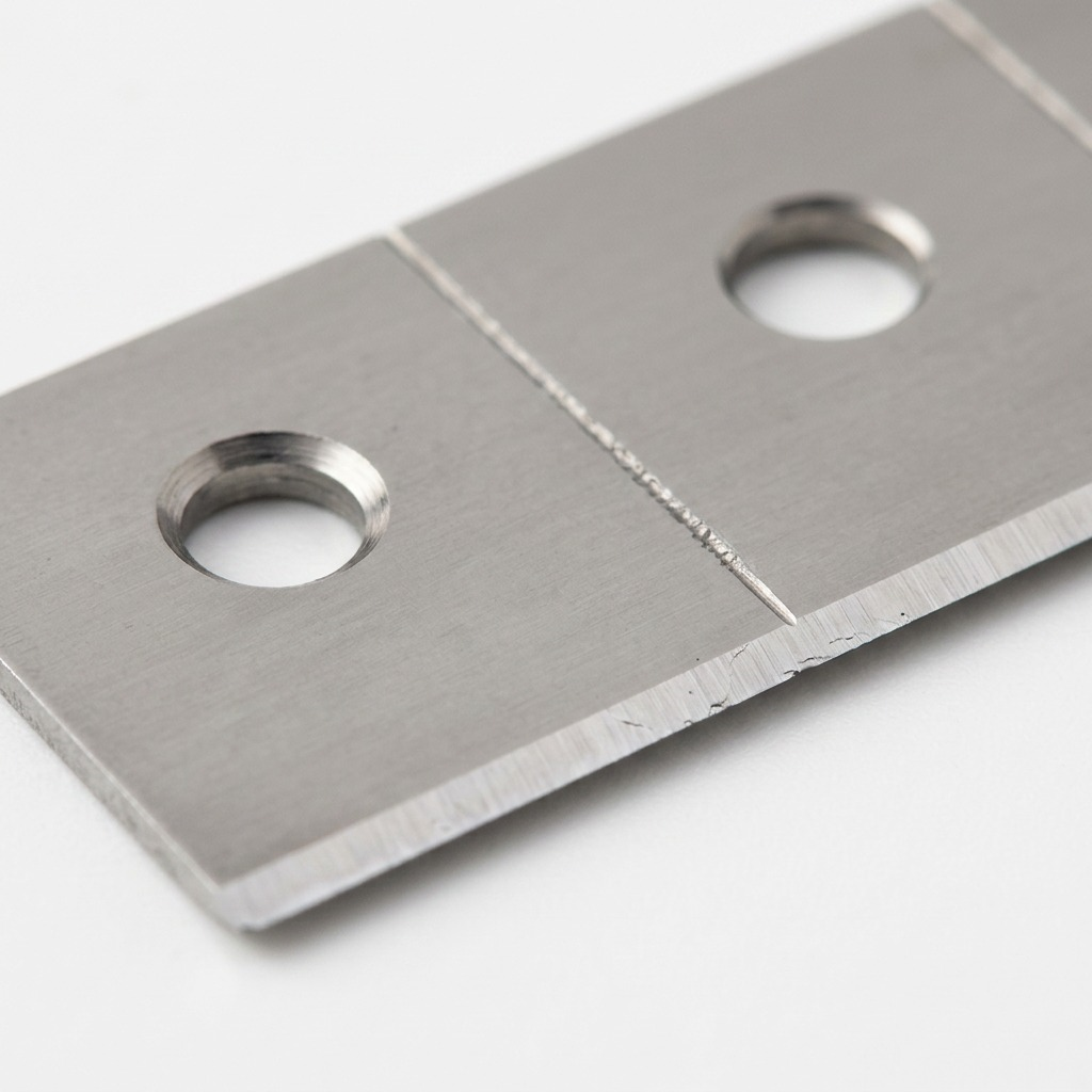 Macro focus on the precision-milled holes and score line of a steel Olfa snap blade.