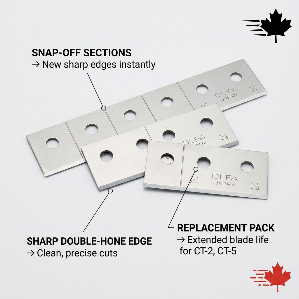 Olfa CTB-5 replacement blades with snap-off sections for new sharp edges and a sharp double-hone edge for precise cuts.