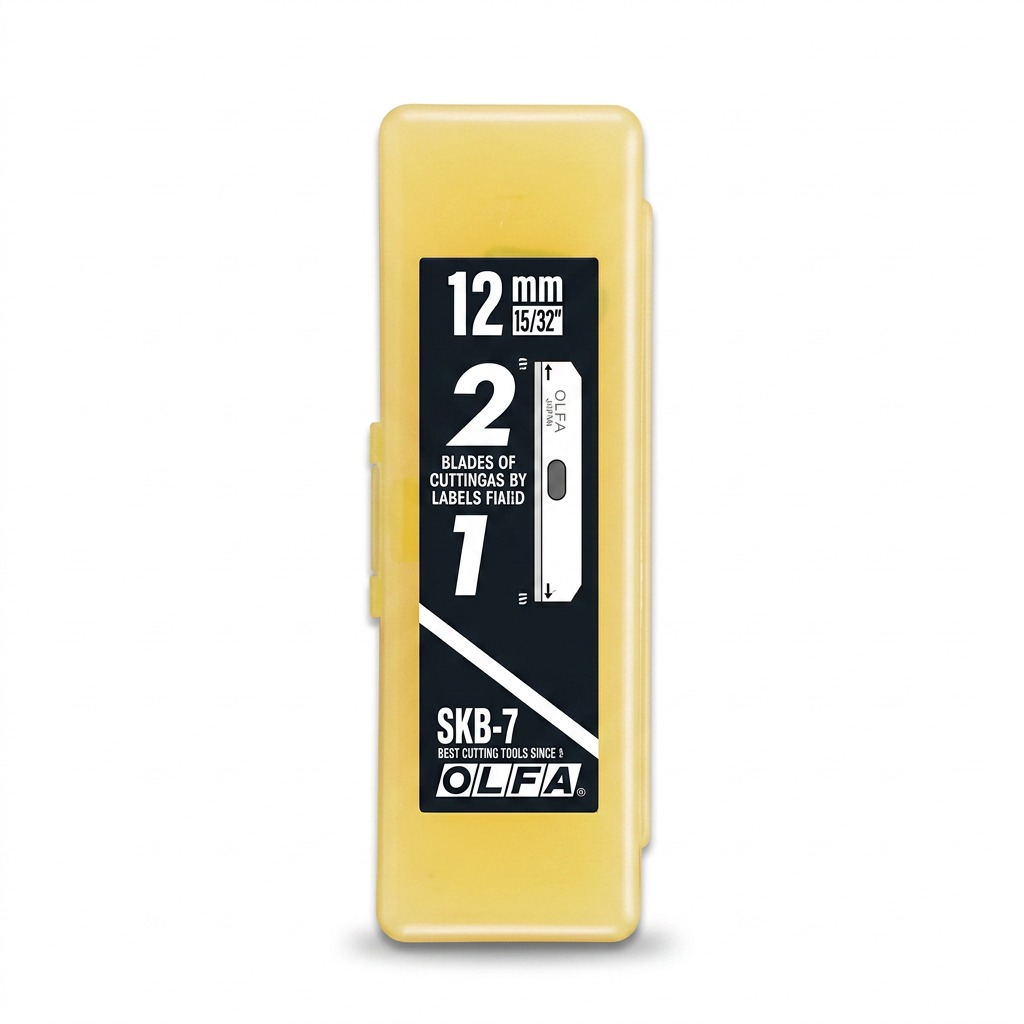 Hero shot of Olfa SKB-7/10B 10-pack safety blades in yellow case on white background with clean shadow.
