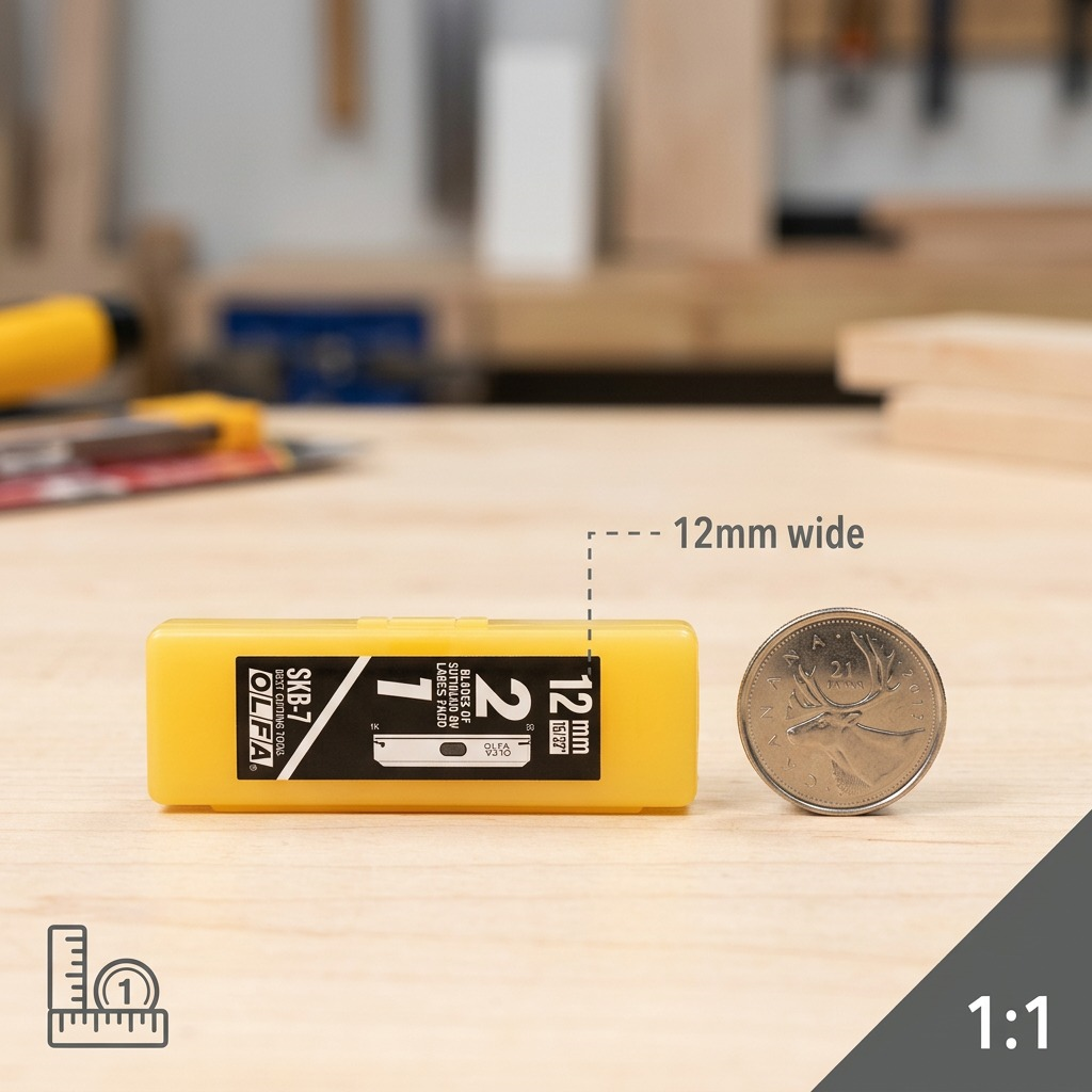 Hero shot of Olfa SKB-7/10B 10-pack safety blades in yellow case on white background with clean shadow.