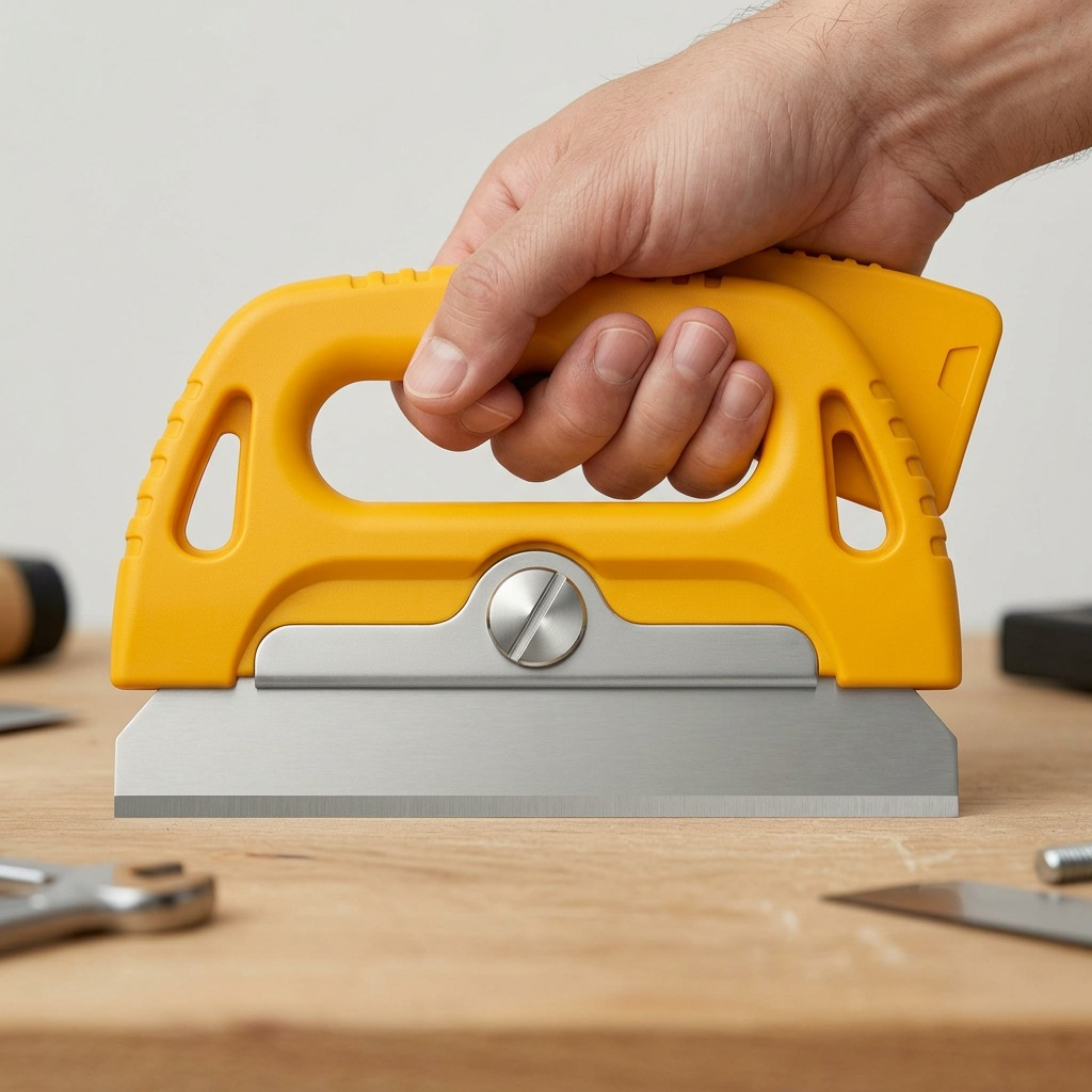 Scale reference photo: An adult hand gripping the 120mm Olfa scraper on a smooth workshop surface.