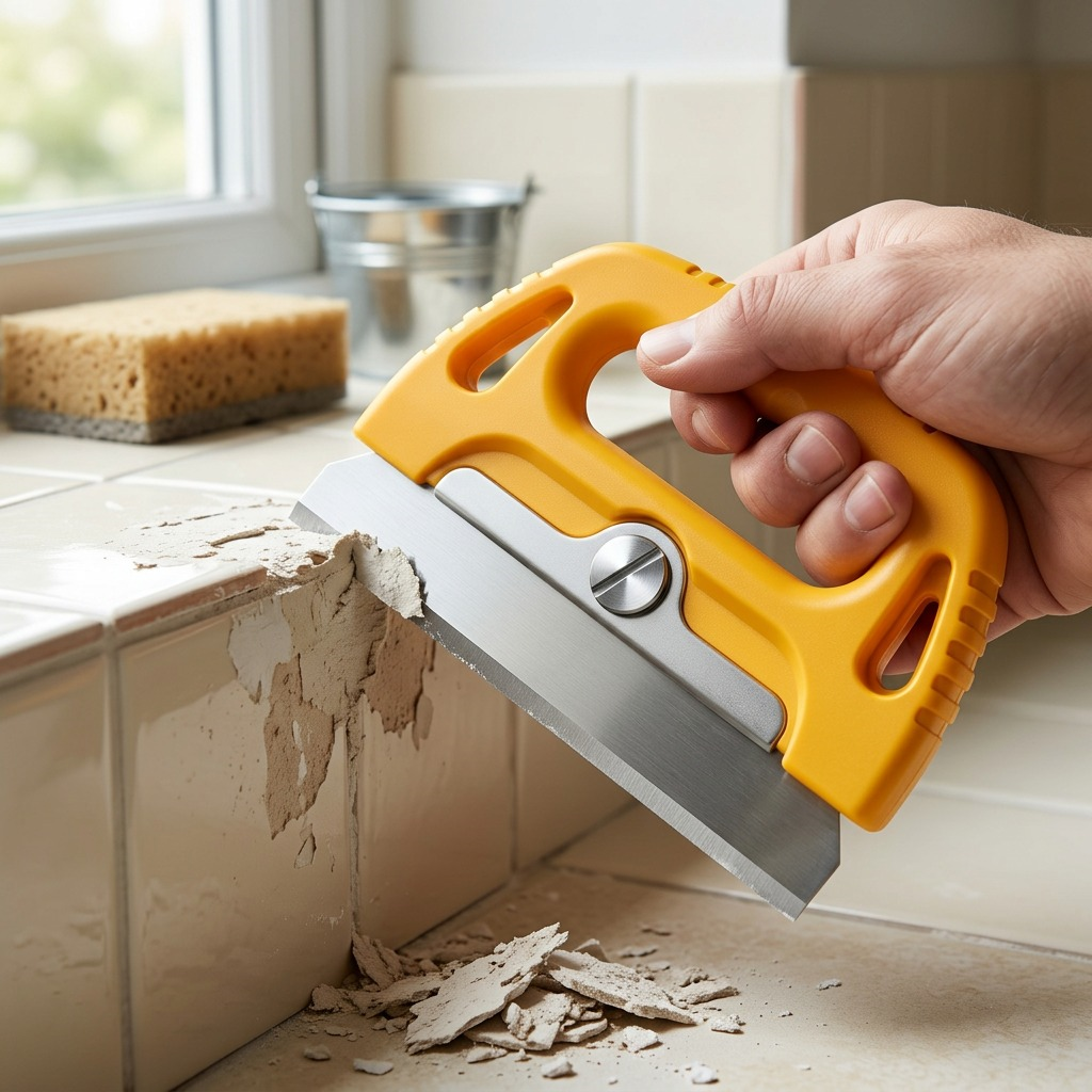 A detailed close-up shot of the Olfa Multi-Grip Scraper clearing mortar from a mosaic tile backsplash.
