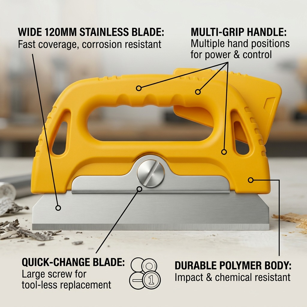 Olfa GSR-1/3B scraper feature matrix: highlights 120mm stainless blade, multi-grip handle, tool-less blade change, and polymer body.