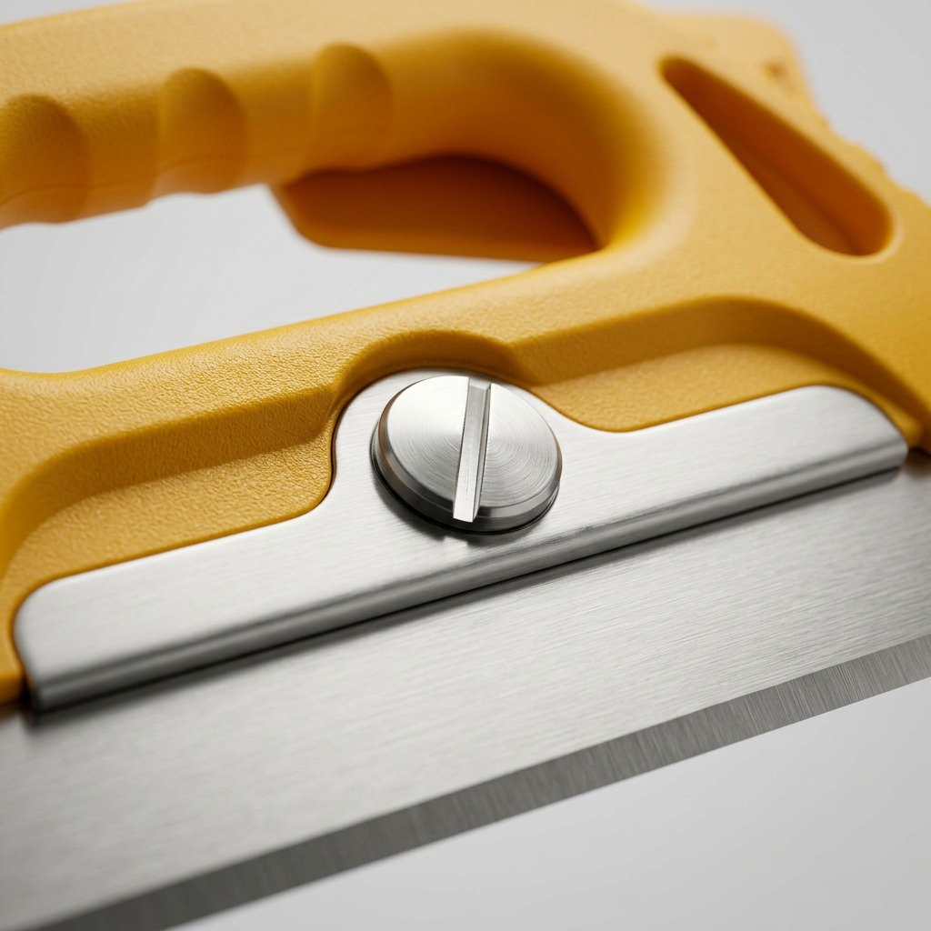 An extreme macro photograph of the Olfa GSR-1/3B scraper, focusing on the blade holder screw, textured yellow handle, and a close-up of a segmented snap-off blade tip.