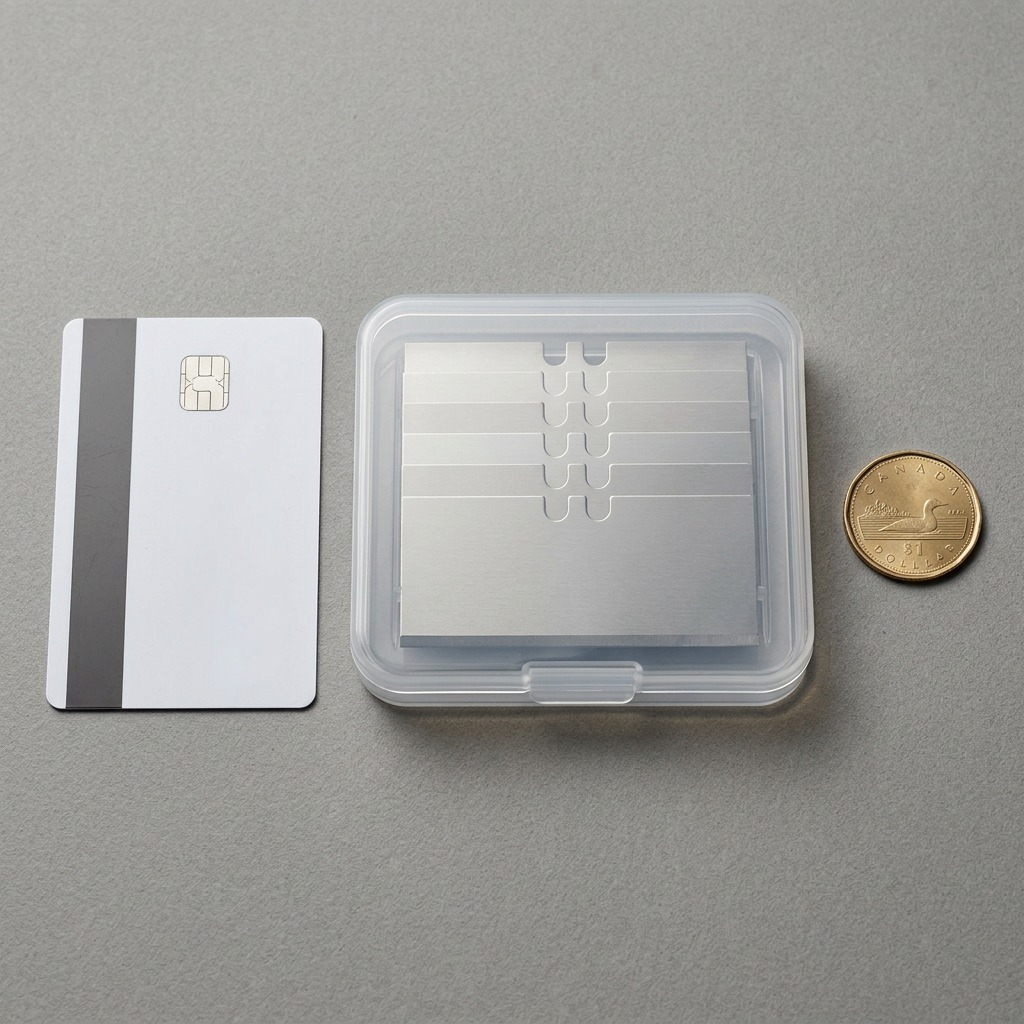 High-resolution hero shot of Olfa GSB-2S/6B stainless steel glass scraper blades in a clear case.