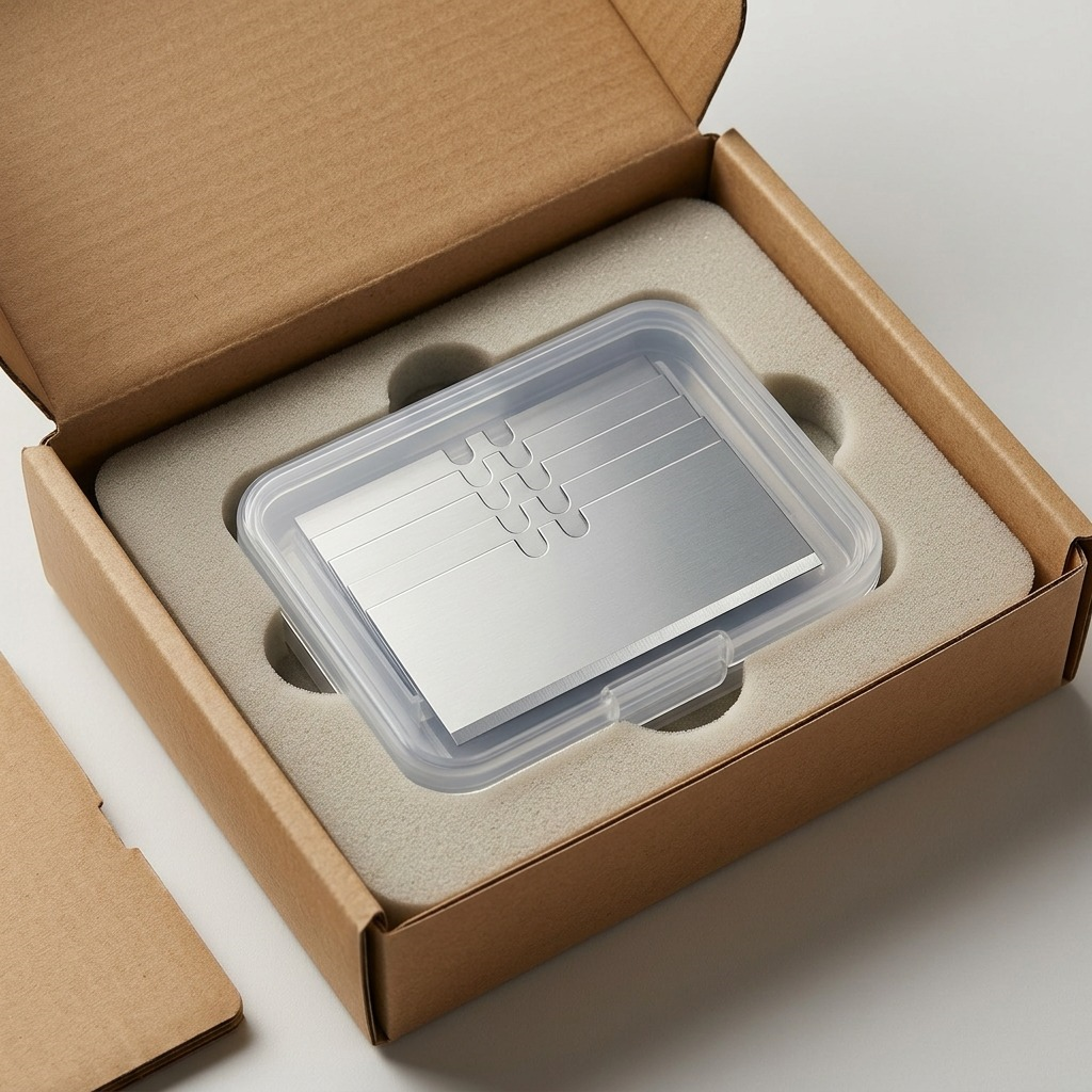 A detailed view of the 6-pack of Olfa scraper blades in its plastic case, nestled securely in custom foam and a clean shipping box.