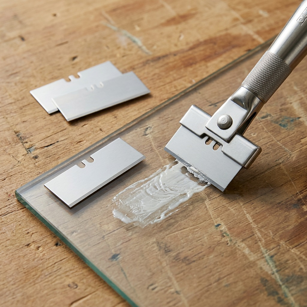 A lifestyle image showing the Olfa stainless steel scraper blades on a clean wooden surface, ready for use, with a glass plane and scraper tool.