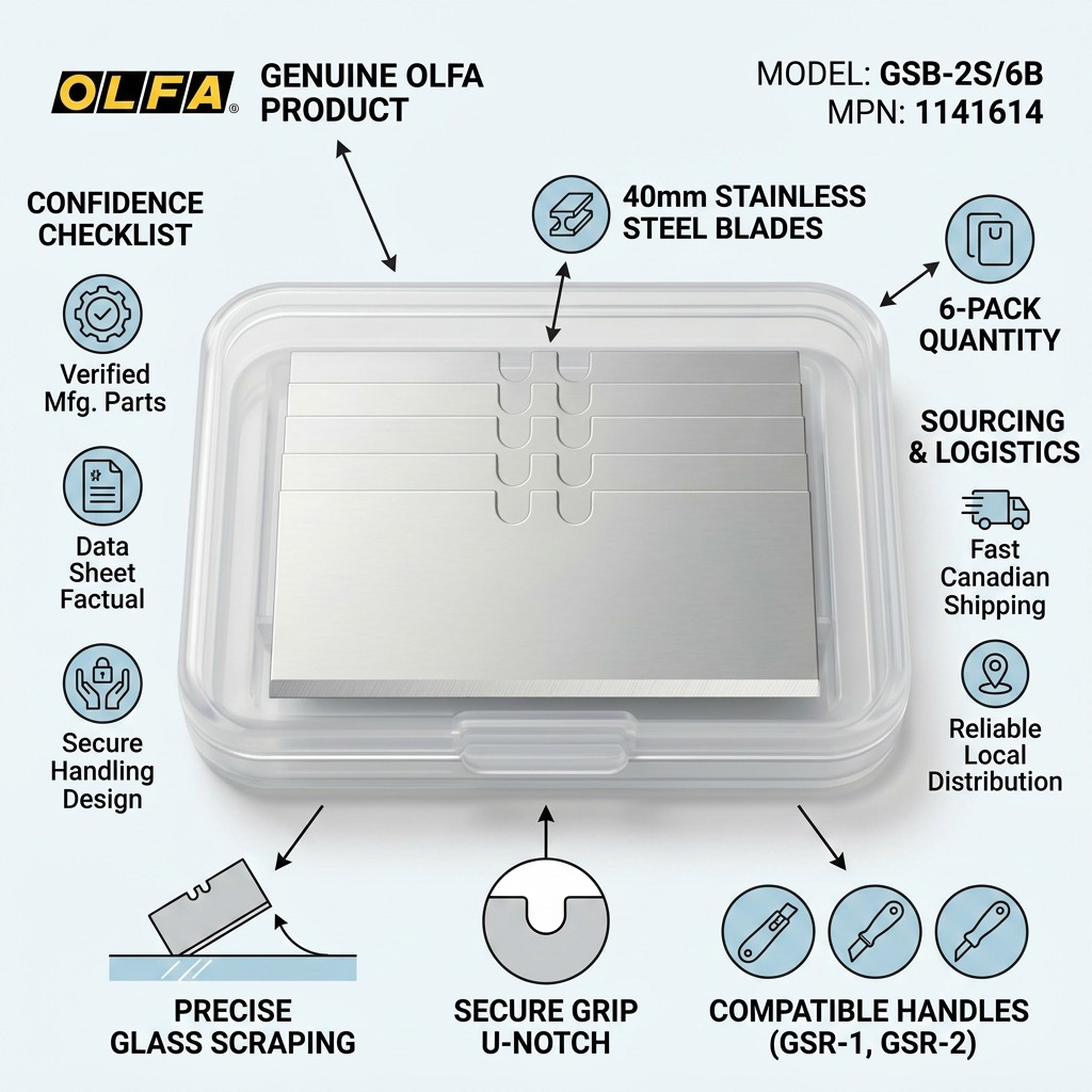 An infographic displaying the specific Olfa 40mm stainless steel blades with trust icons like 'Data Sheet Factual' and 'Fast Canadian Shipping'.
