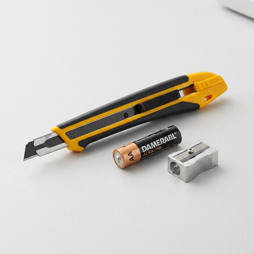 An extreme close-up photo comparing the Olfa XA-1 knife handle and blade to a standard AA battery.
