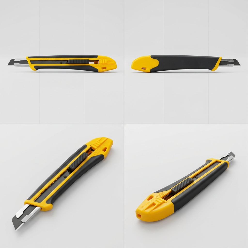 A multi-angle view matrix displaying the Olfa XA-1 9mm snap-off utility knife from four distinct perspectives.