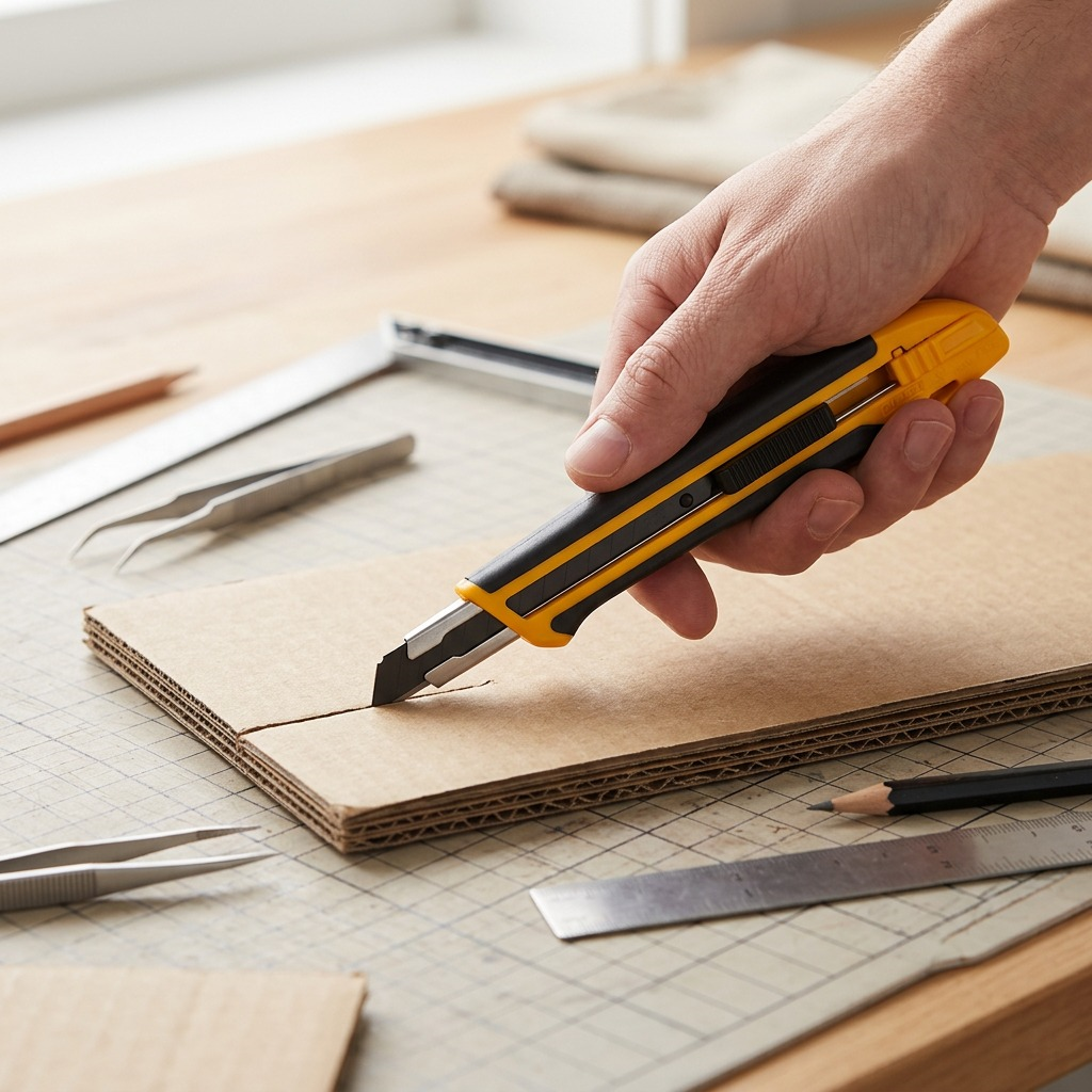 The Olfa XA-1 utility knife, derived from image 0, rests on a cutting mat with craft tools.