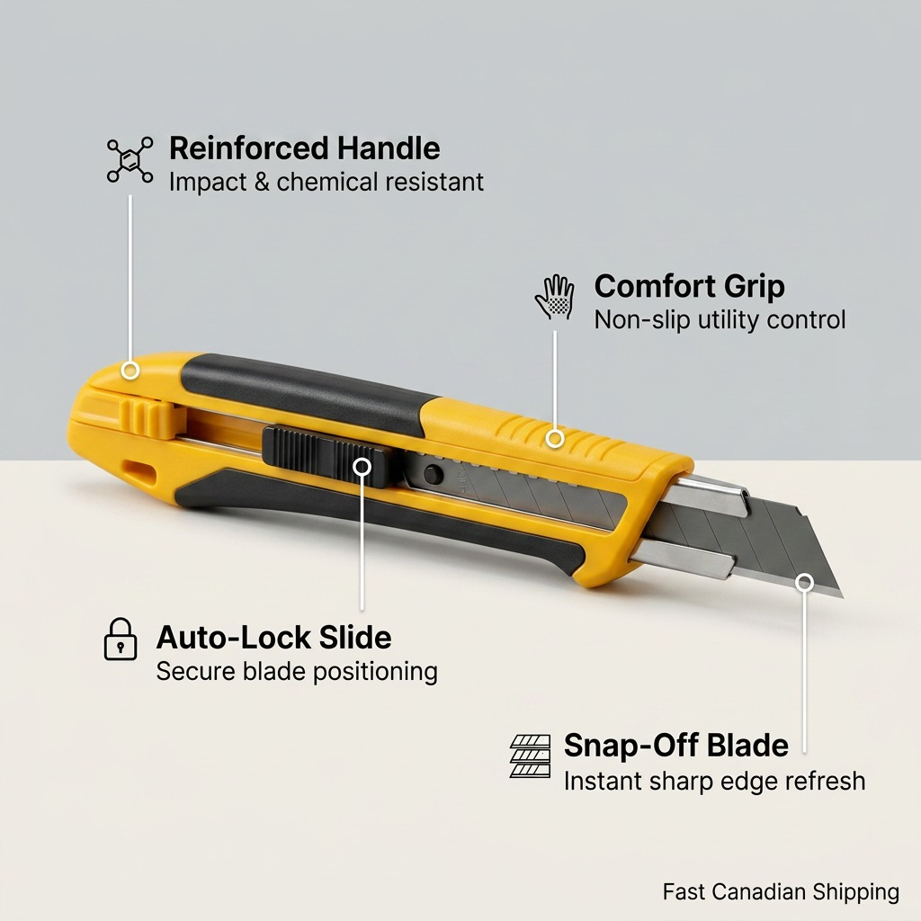 Olfa 9mm XA-1 utility knife features callout image, highlighting fiberglass body, slide lock, ABS grip, and segmented blade.