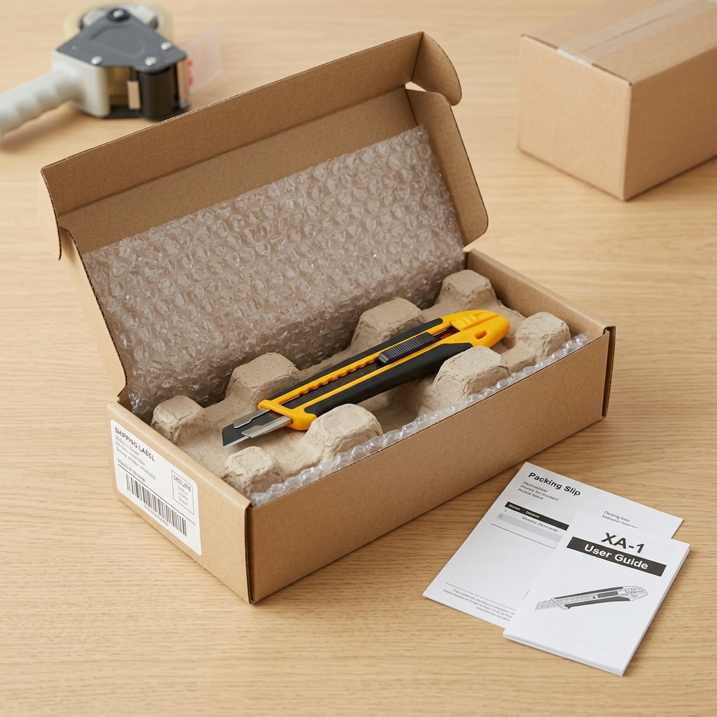 High-resolution photograph of the Olfa 9mm XA-1 utility knife resting securely within bubble wrap inside a branded kraft shipping box, with an invoice and product instruction booklet nearby in an unboxing scene on a clean wooden surface, reducing shipping anxiety.