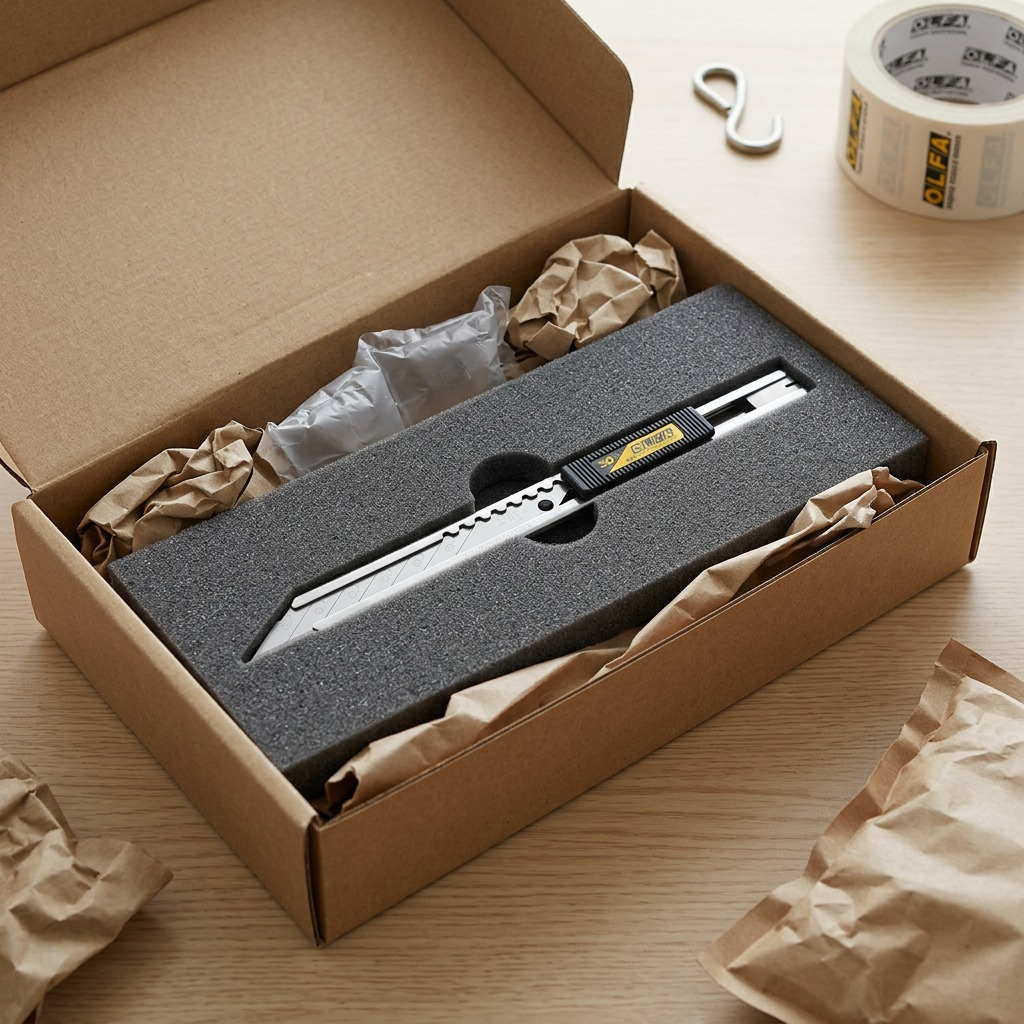 An unboxing scene shows the OLFA graphics knife inside its cardboard box with protective foam.