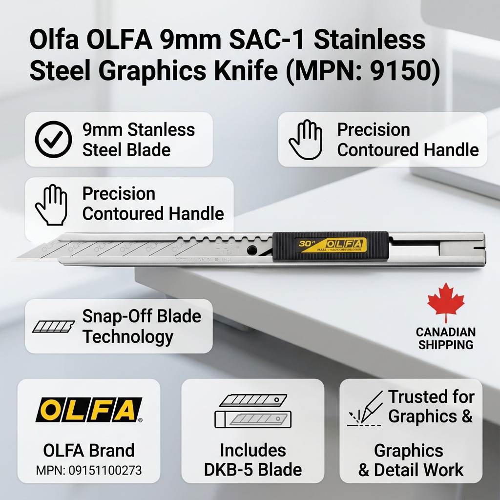 Olfa SAC-1 Graphics Knife infographic matrix, featuring key product details and Canadian shipping.