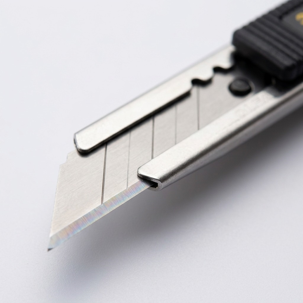Macro photo detail of the Olfa 9mm SAC-1 graphic knife's stainless steel blade and snap-off lines.