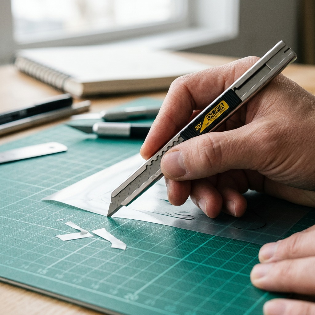 A lifestyle photo of a man using an OLFA SAC-1 graphics knife on a self-healing mat, making precise cuts.