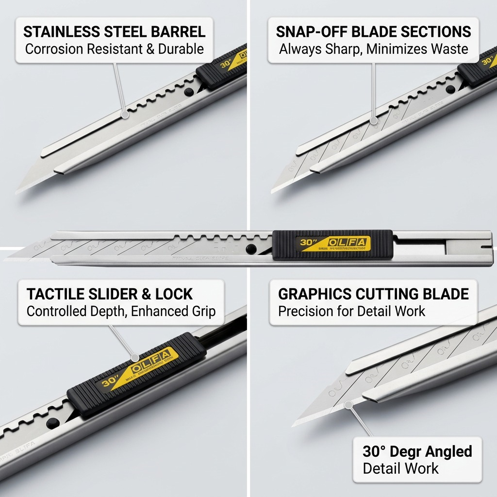 An ecommerce infographic matrix illustrating the operational features of the Olfa SAC-1 graphics knife.