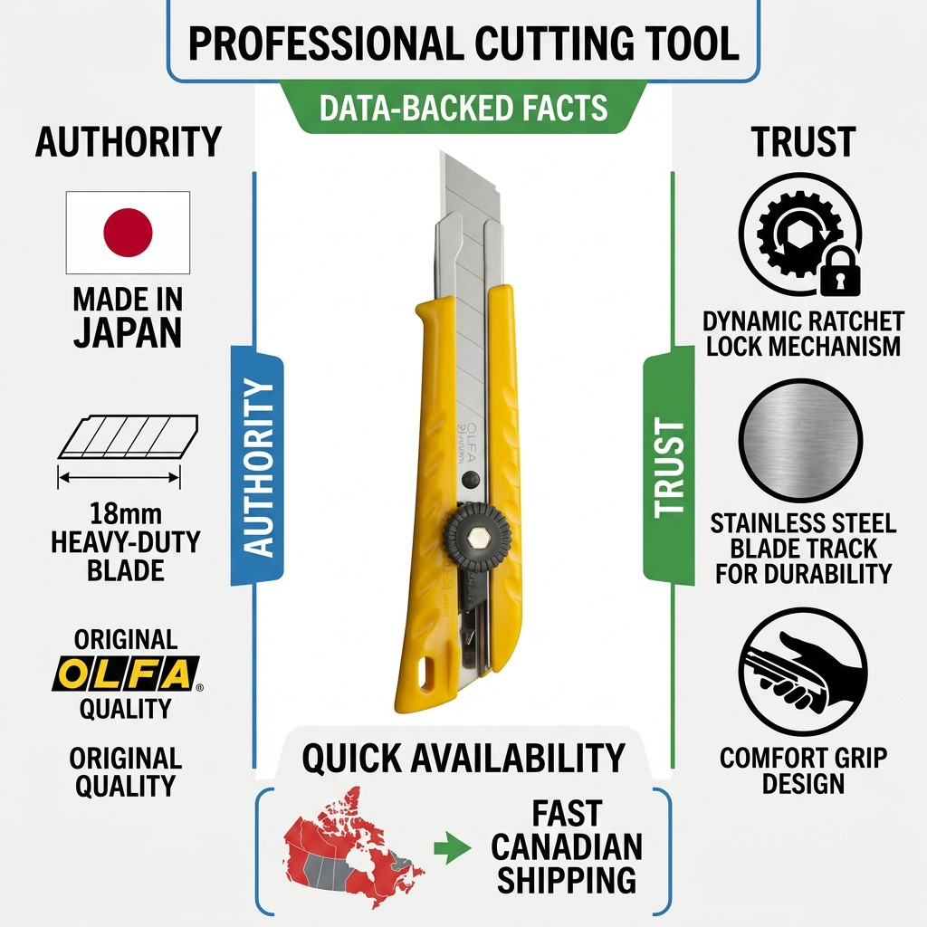 An infographic for the Olfa 18mm cut tool with data-backed authority facts and trust features.