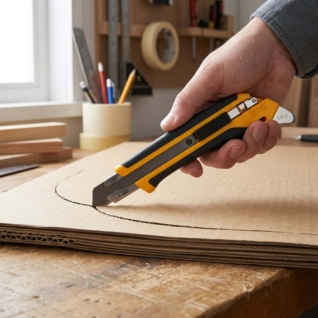 Close-up photo of the yellow/black Olfa utility knife cutting cardboard on a wooden workbench.