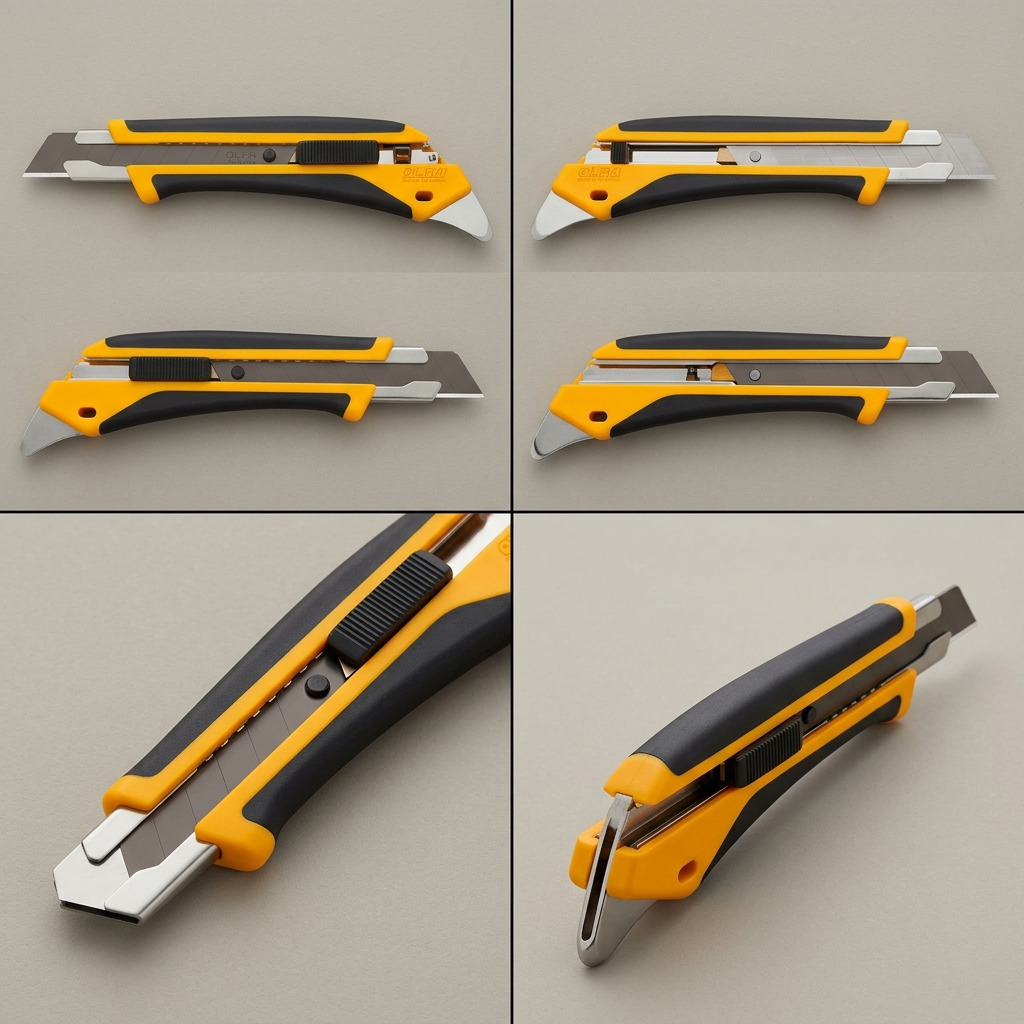 A grid displaying the OLFA 18mm LA-X Fiberglass Utility Knife from four different, detailed product angles.