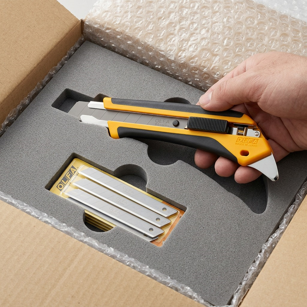A photo-realistic unboxing of the OLFA 18mm LA-X utility knife, secured safely for shipping delivery.