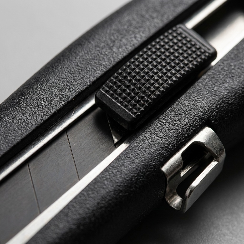 Macro detail of the Olfa 18mm LA-X utility knife's fiberglass reinforced body texture, grip, and blade.