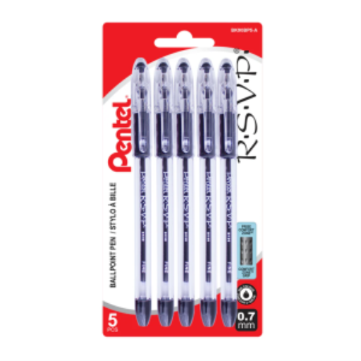 R.S.V.P. – Stylos à bille 0,7 mm, encre noire, paquet de 5 – image du produit Pentel