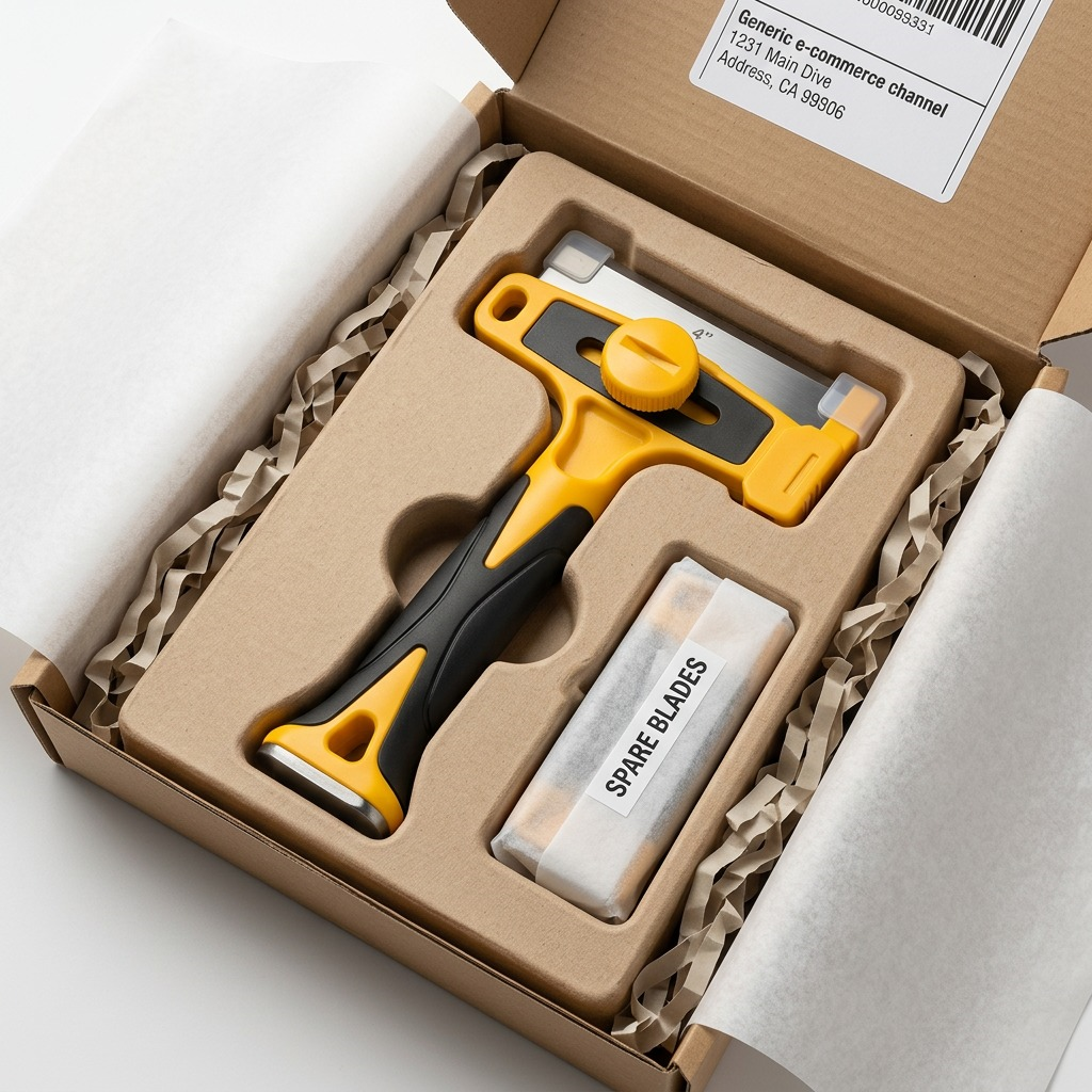 A neat unboxing scene showing the specific yellow-handled heavy-duty scraper and wrapped spare blades.
