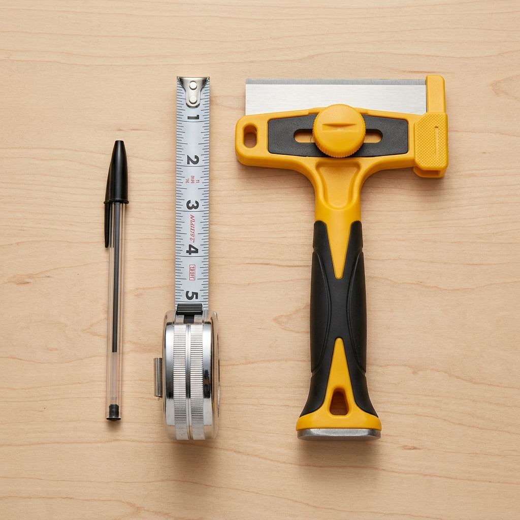 Olfa XSR-300 scraper and common pen lying side-by-side on a wooden workbench.