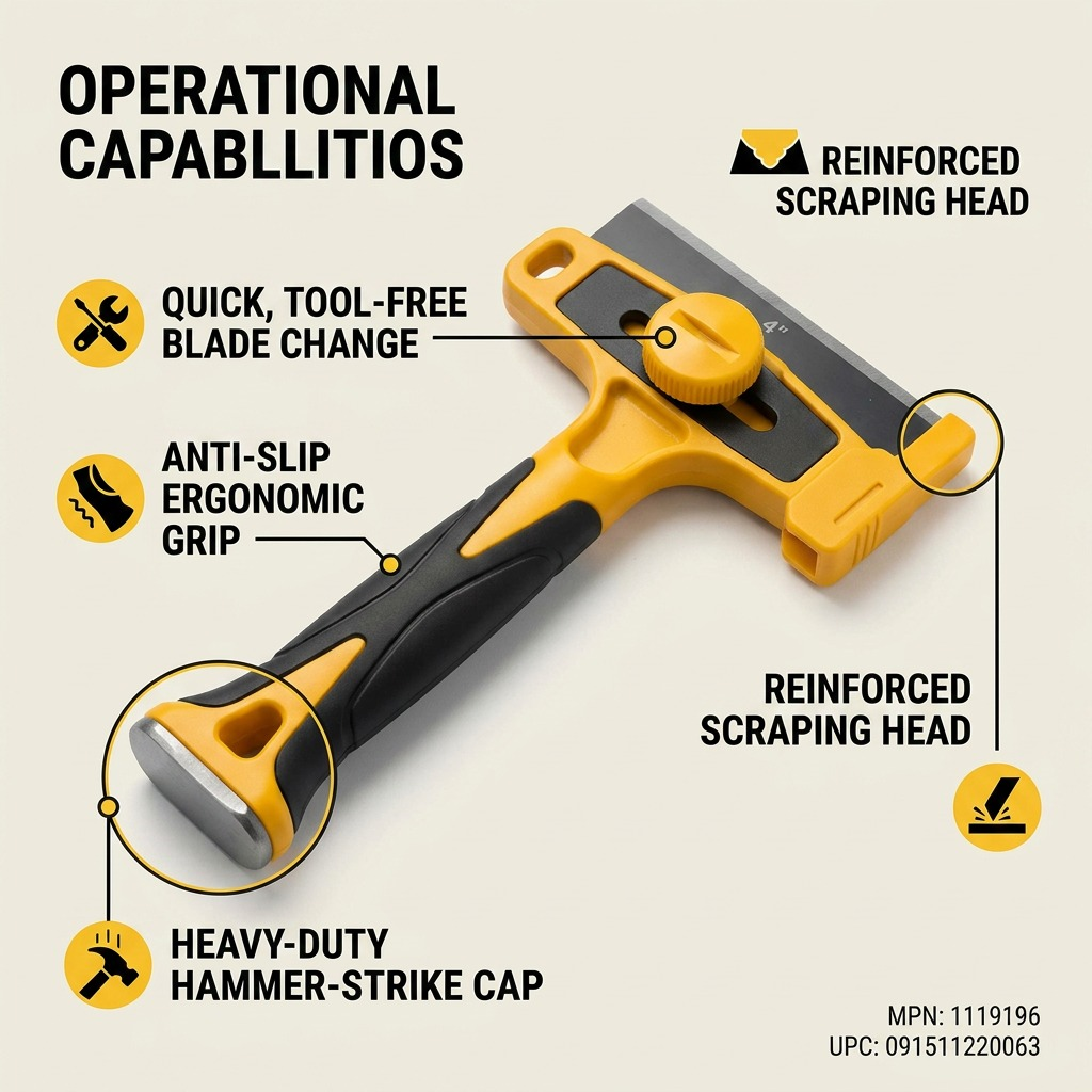 Ecommerce feature graphic with callouts for the Olfa XSR-300 scraper, highlighting its locking blade and ergonomics.