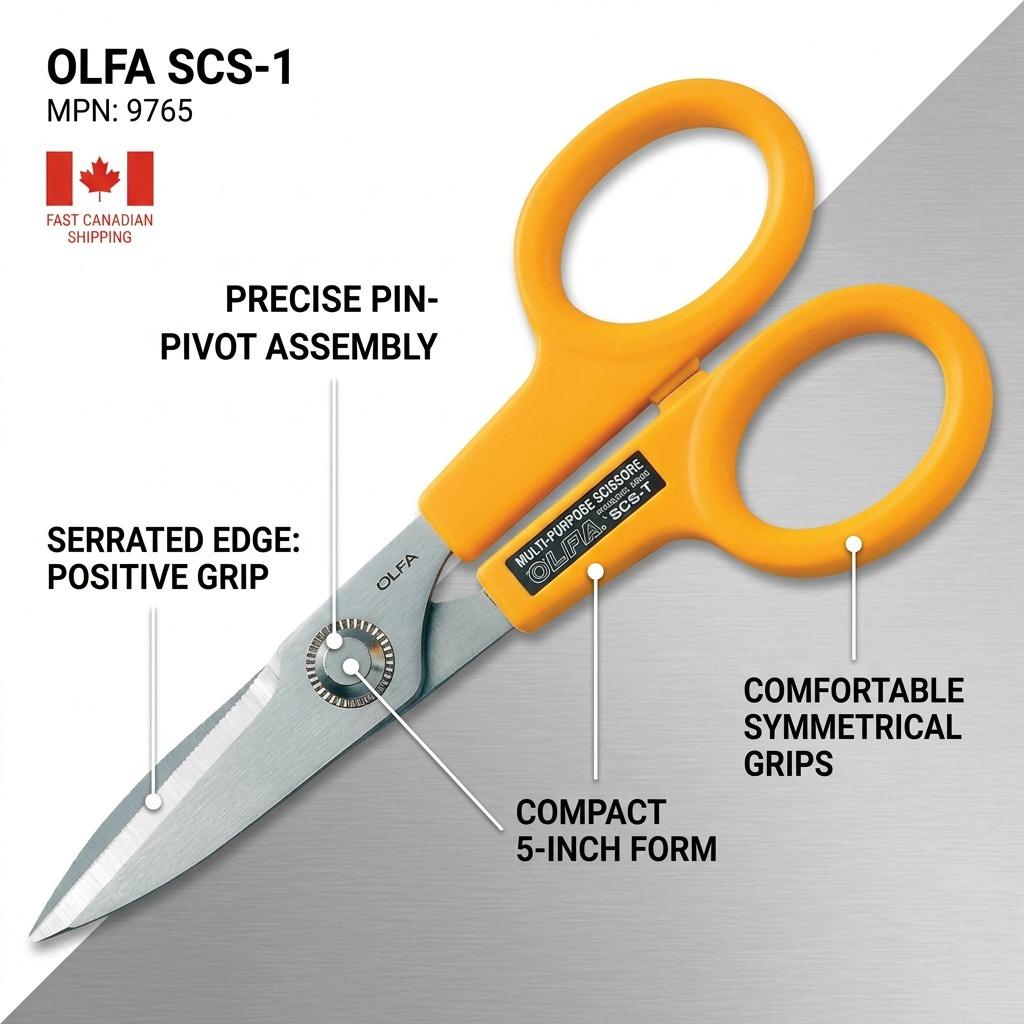 OLFA SCS-1 product visualization graphic featuring operational feature callouts on a white background with a small Canadian flag and Randmar fast shipping text.