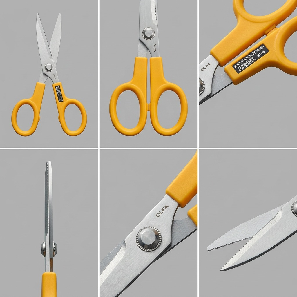 A product matrix showing the OLFA SCS-1 scissors in multiple useful angles against a premium grey background.