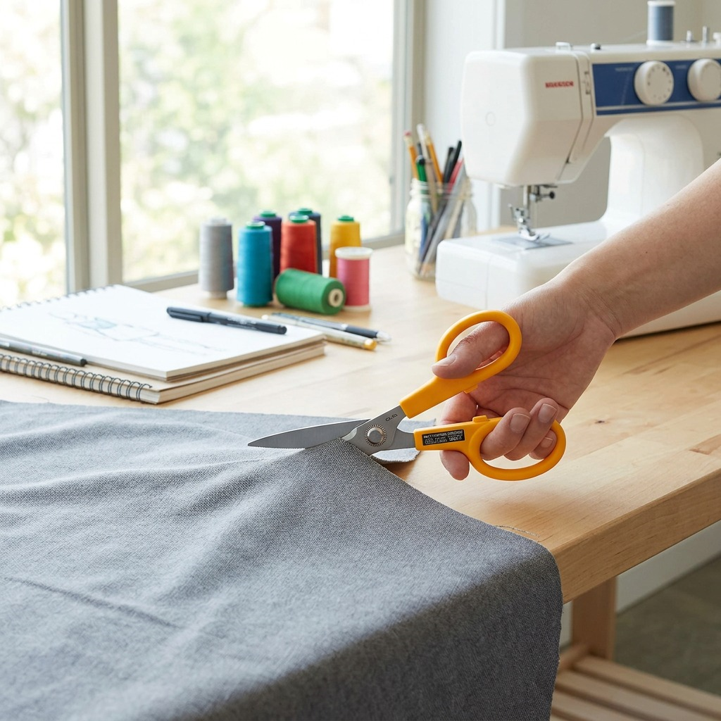 Olfa SCS-1 scissors shown carefully making precise cuts on various fabric samples in a bright textile studio.