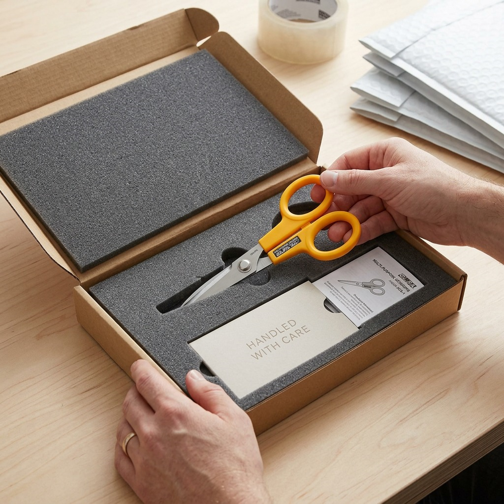 An open, padded shipping box shows the Olfa scissors safely nestled in protective foam inserts.