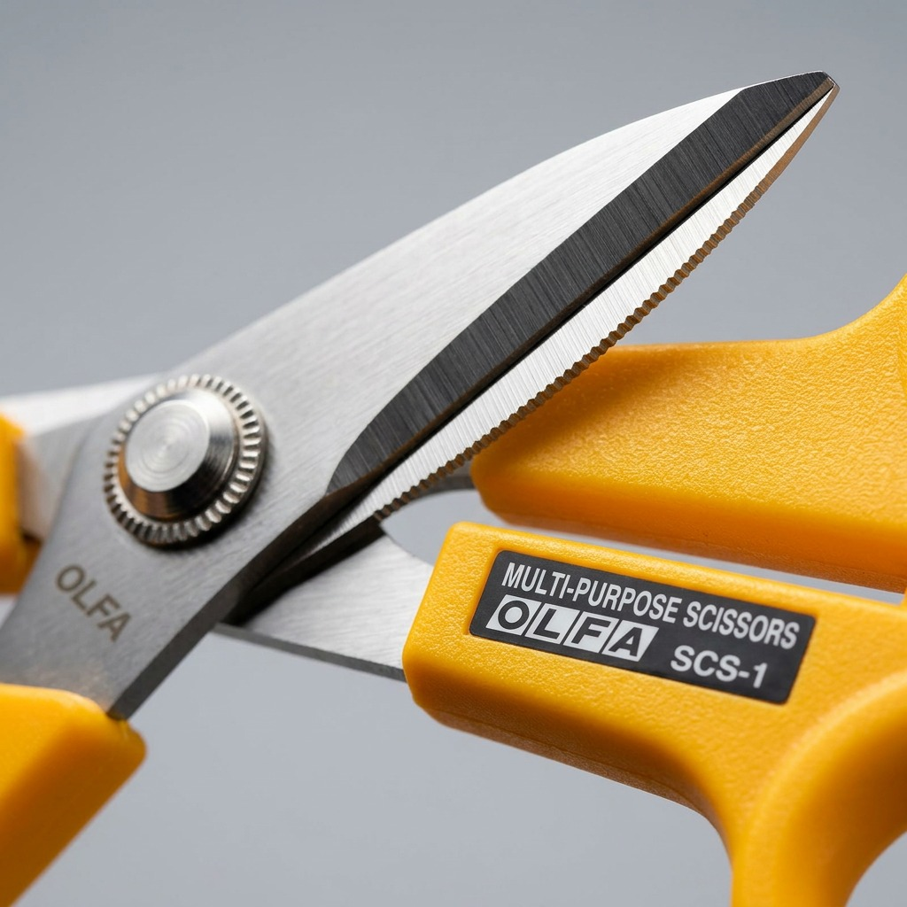 A detailed macro photograph showing the precise serrated cutting edge of the OLFA SCS-1 scissors, with the 'OLFA' brand print visible on the matching yellow handle.