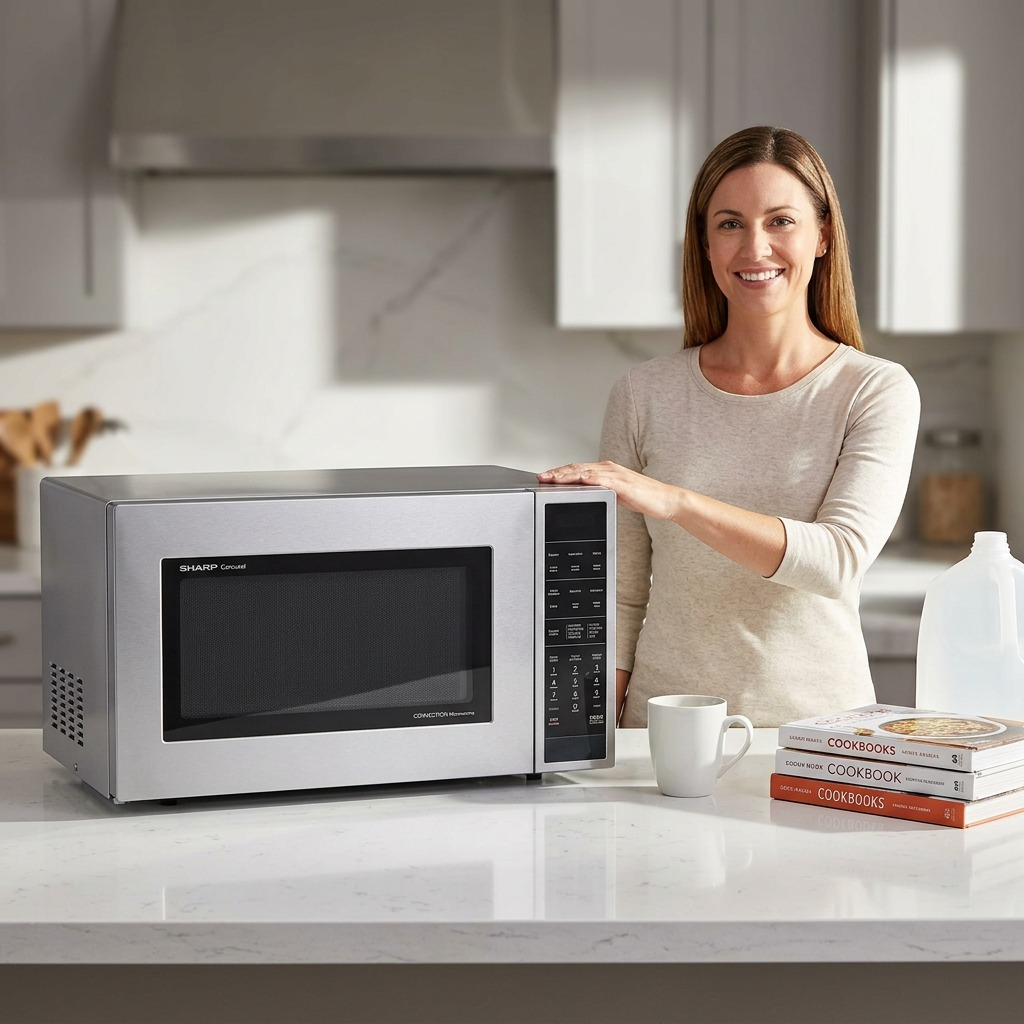 Front-facing studio shot of the SHARP Carousel Convection Microwave in stainless steel, set against a pristine white background with sharp details and realistic lighting for e-commerce.