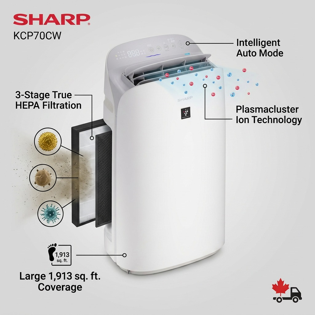 Gros plan des commandes : SHARP KCP70CW (purificateur d’air)