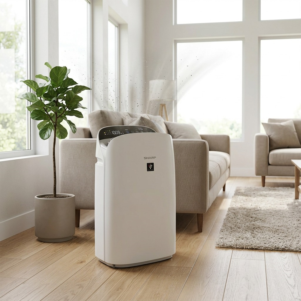 Présentation dans un salon : SHARP KCP70CW (purificateur d’air)