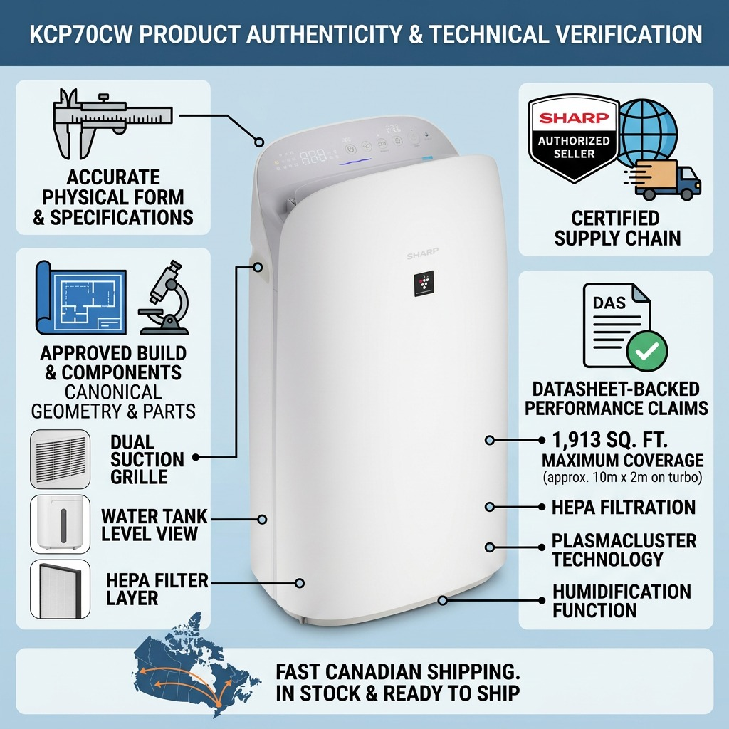 Infographie des caractéristiques : SHARP KCP70CW (purificateur d’air)