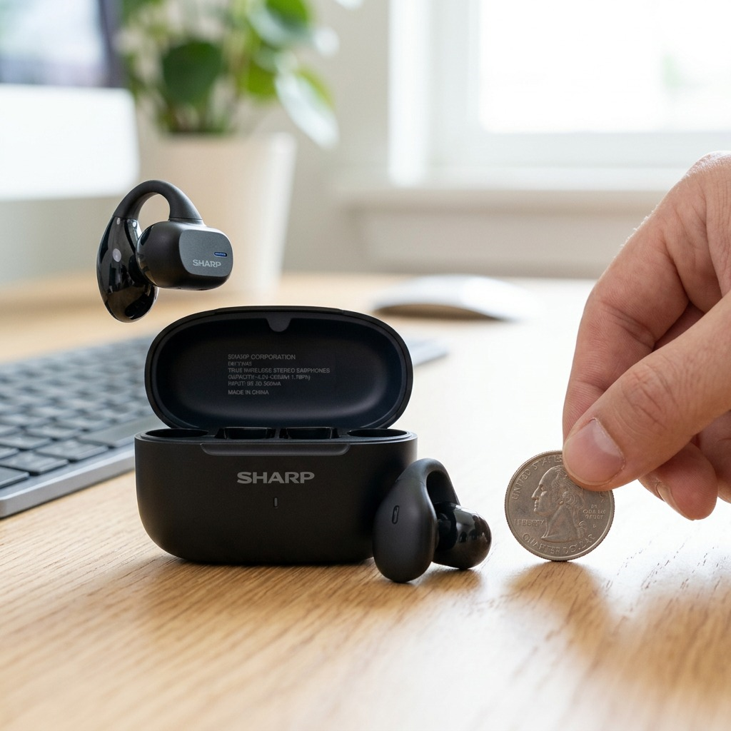 Sharp HP-TW45-BK True Wireless Earbuds in charging case, high-resolution hero shot.